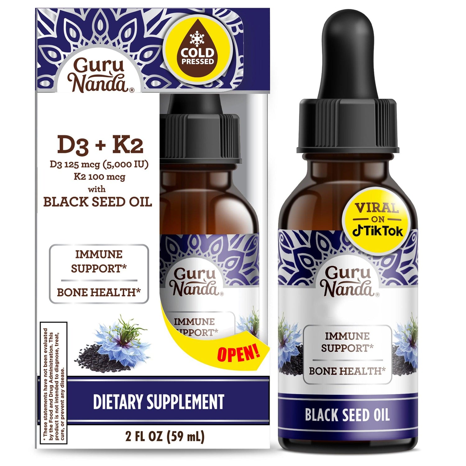 Cold Pressed Black Seed Oil With Vitamin D3, K2 By GuruNanda, 2 Oz Cold Pressed Black Seed Oil With Vitamin D3, K2 By GuruNanda, 2 Oz