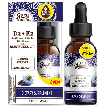 Cold Pressed Black Seed Oil With Vitamin D3, K2 By GuruNanda, 2 Oz Cold Pressed Black Seed Oil With Vitamin D3, K2 By GuruNanda, 2 Oz