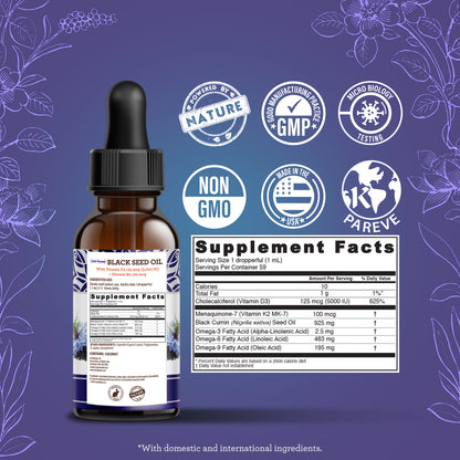 Natural Cold Pressed Black Seed Oil With Vitamin D3, K2 &amp; E