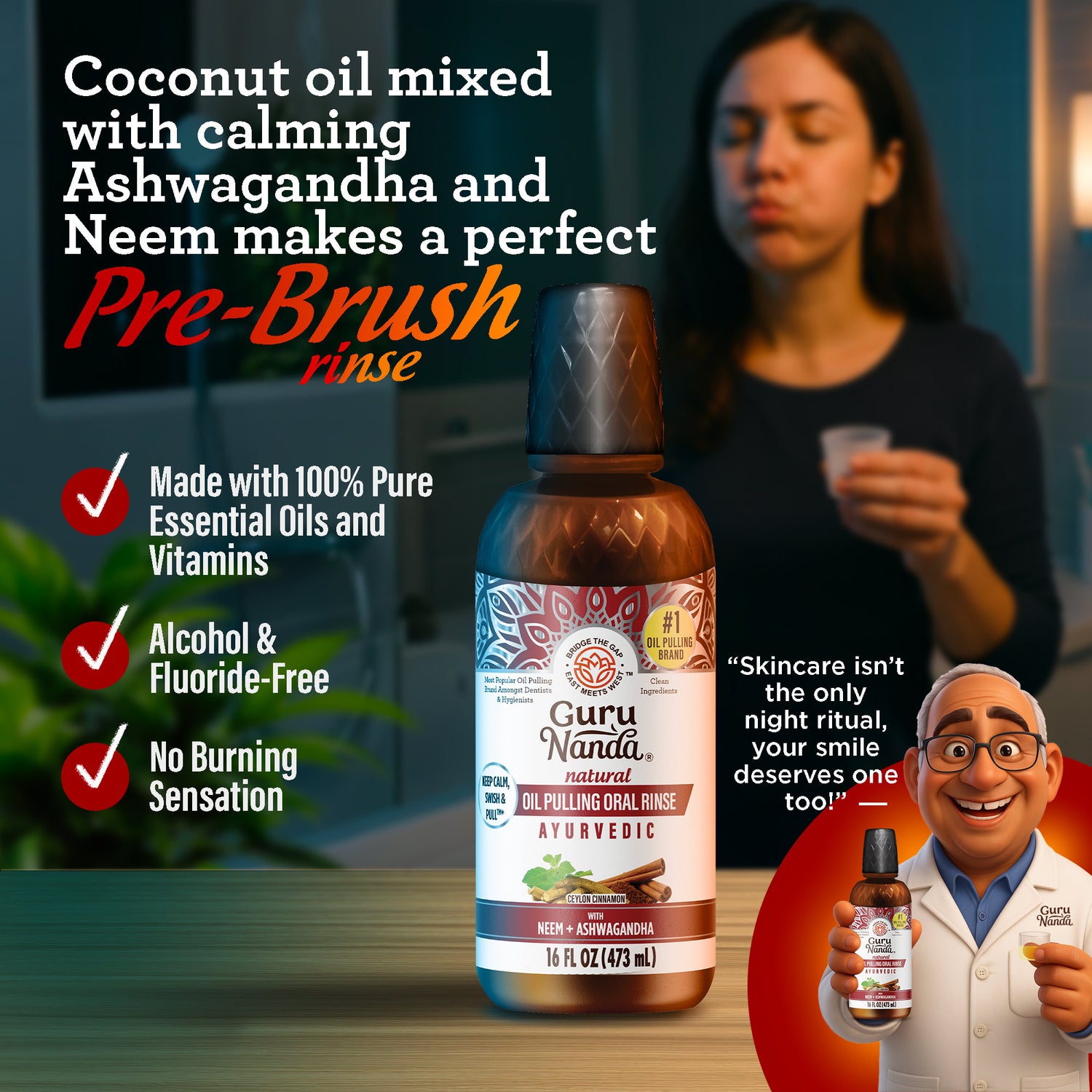 Tamaño de recarga - Aceite de coco y canela para enjuagar + Neem y ashwagandha - 16 oz