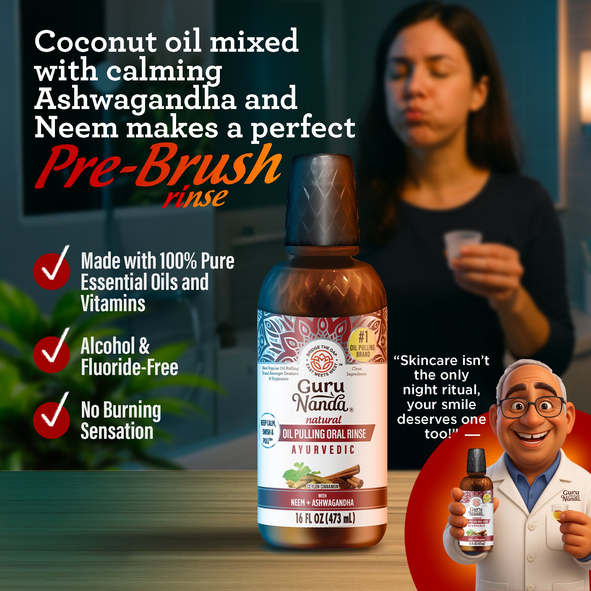 Tamaño de recarga - Aceite de coco y canela para enjuagar + Neem y ashwagandha - 16 oz