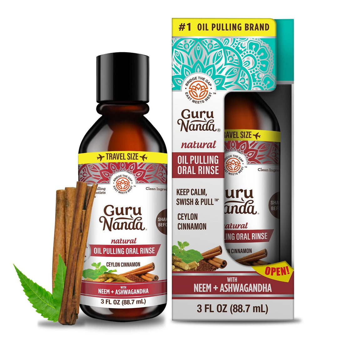 Travel size bottle of GuruNanda oil pulling rinse with packaging showing neem and ashwagandha ingredients and a cinnamon stick.