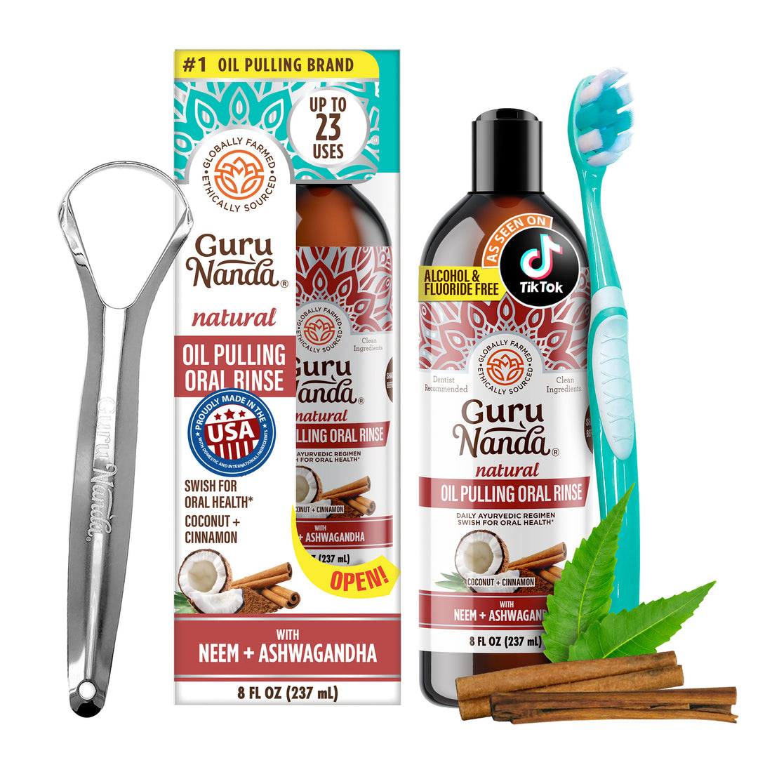 Coconut &amp; Cinnamon Oil Pulling Flavor + Neem &amp; Ashwagandha, 8 Fl Oz - 1 Pk
