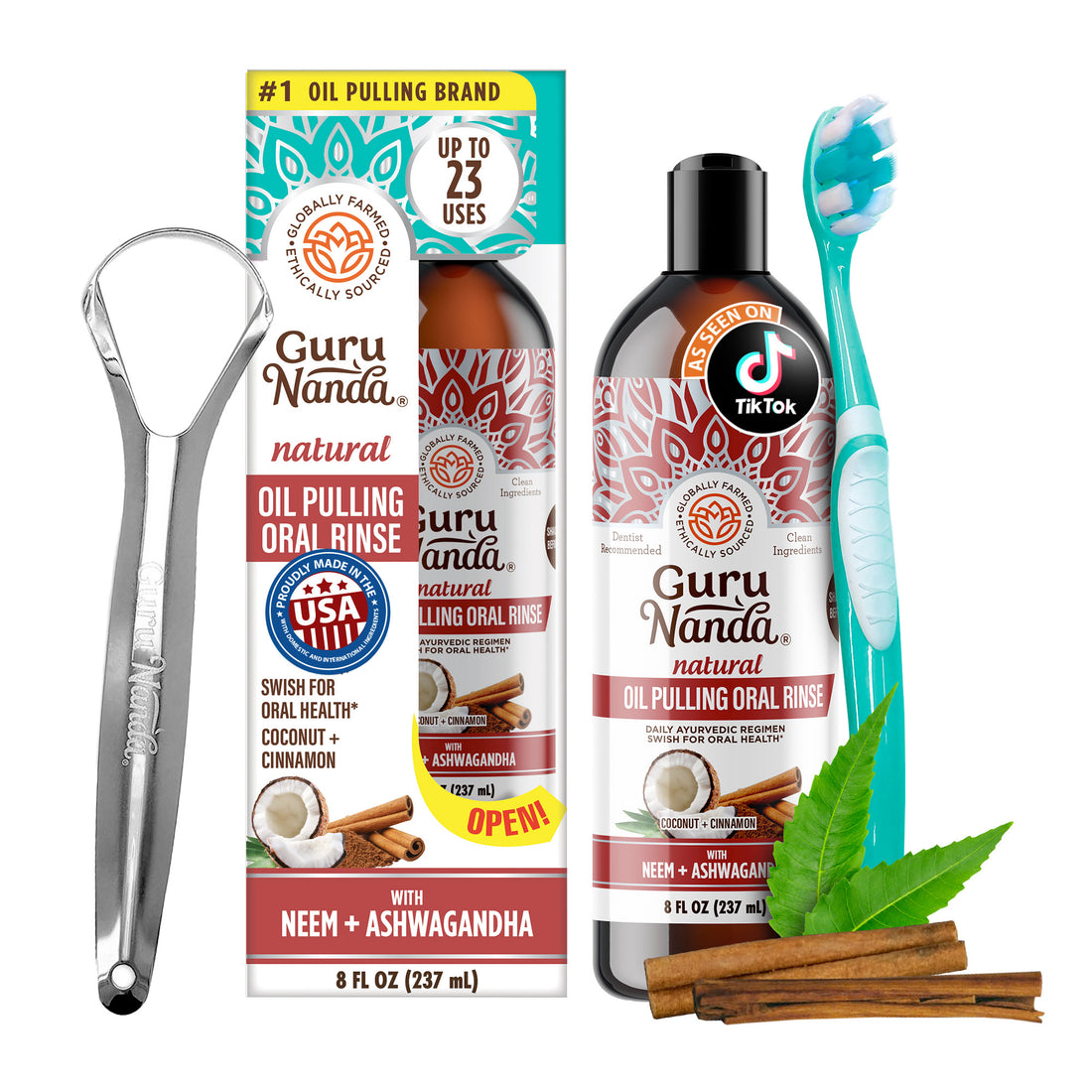 Guru Nanda oil pulling products including a bottle, box, and tools on a white background