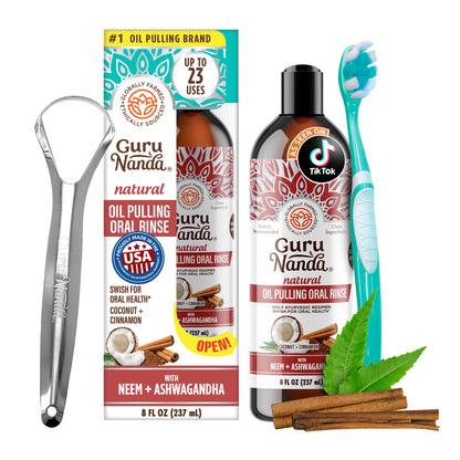 Guru Nanda oil pulling products including a bottle, box, and tools on a white background