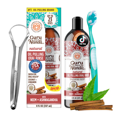 Guru Nanda oil pulling products including a bottle, box, and tools on a white background #size_8-fl-oz