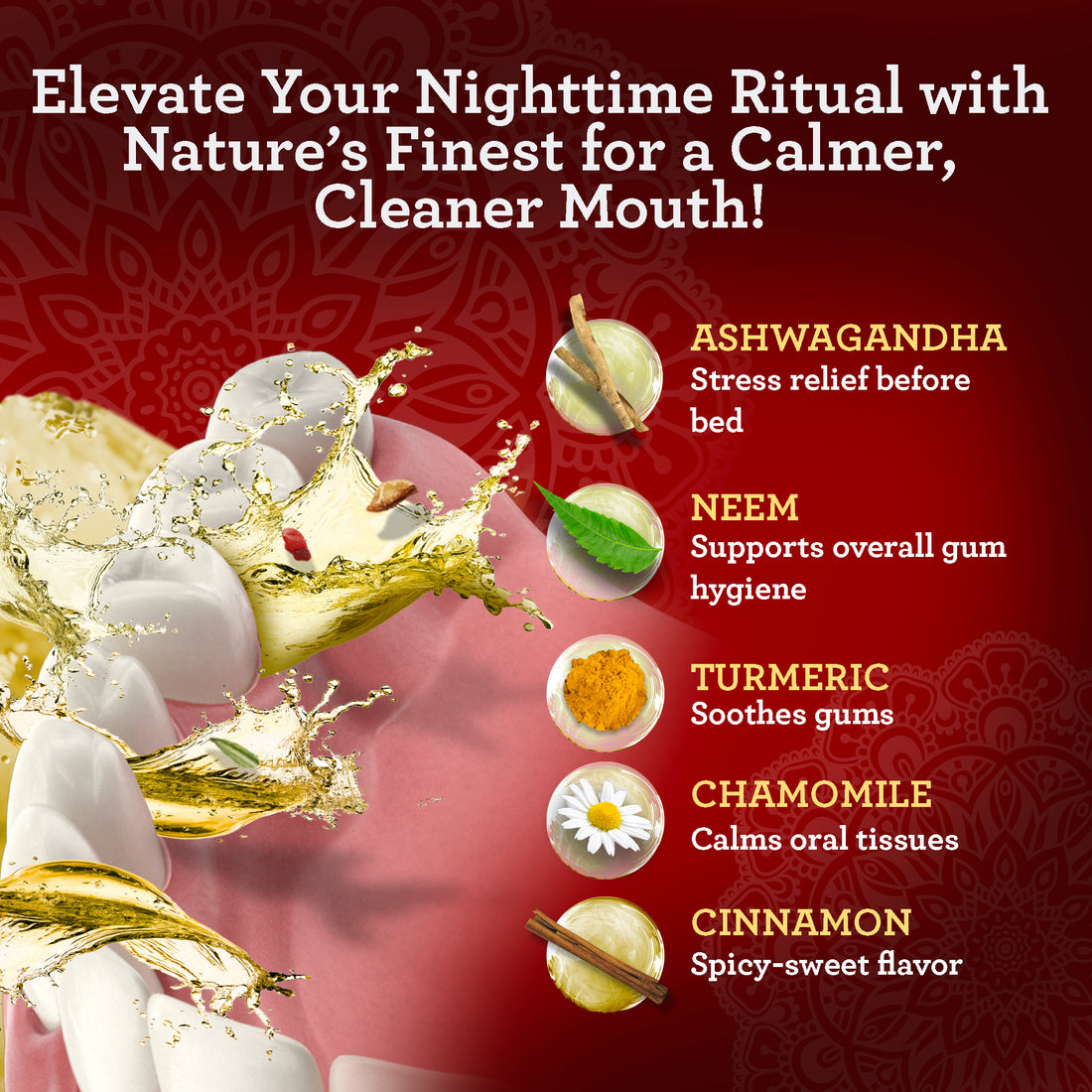 Product advertisement with ingredients and benefits on a red background