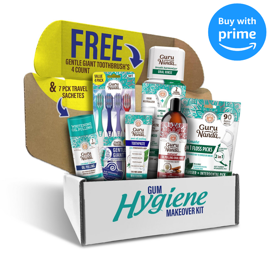 Kit de higiene bucal: enjuague bucal con aceite, pasta de dientes, cepillo de dientes y enjuague bucal.
