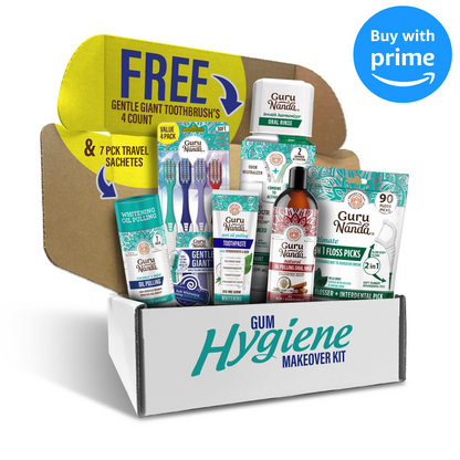 Kit de higiene bucal: enjuague bucal con aceite, pasta de dientes, cepillo de dientes y enjuague bucal.