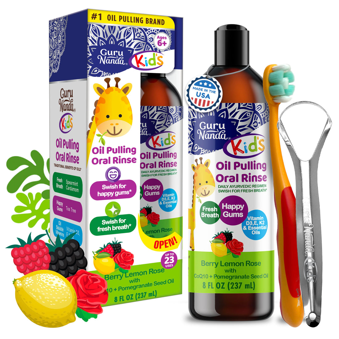Kids Oil Pulling- Berry Lemon Rose Flavor - 8 oz