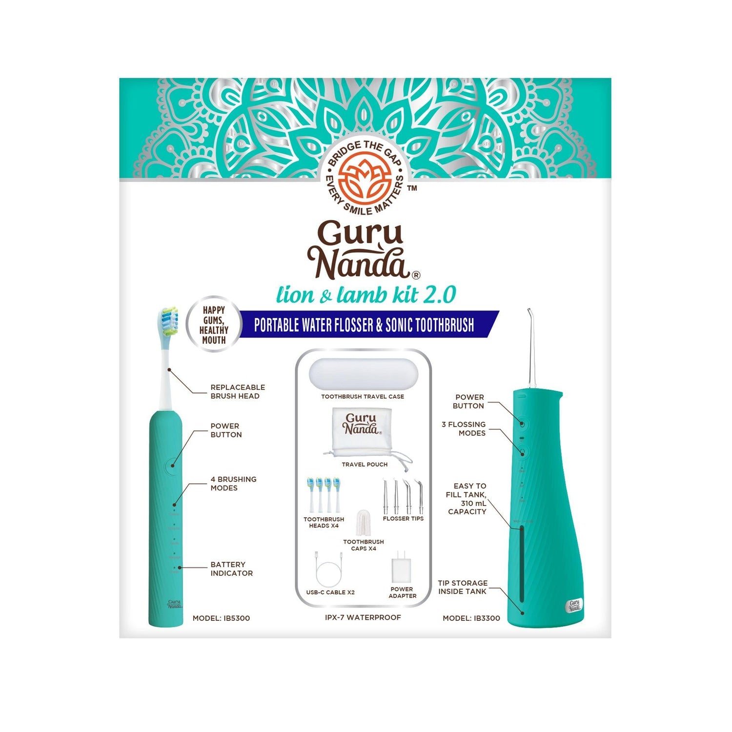 Cepillo de dientes sónico portátil e irrigador bucal Lion &amp;amp; Lamb 2.0 - Verde azulado