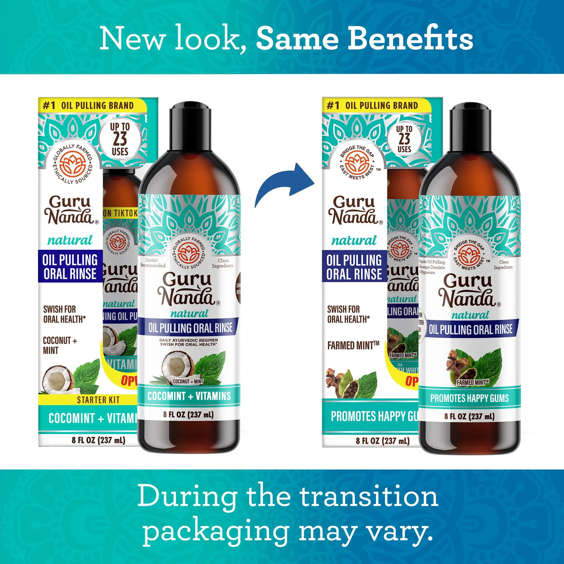 Guru Nanda oil pulling oral rinse bottles and packaging with text about new look and benefits.