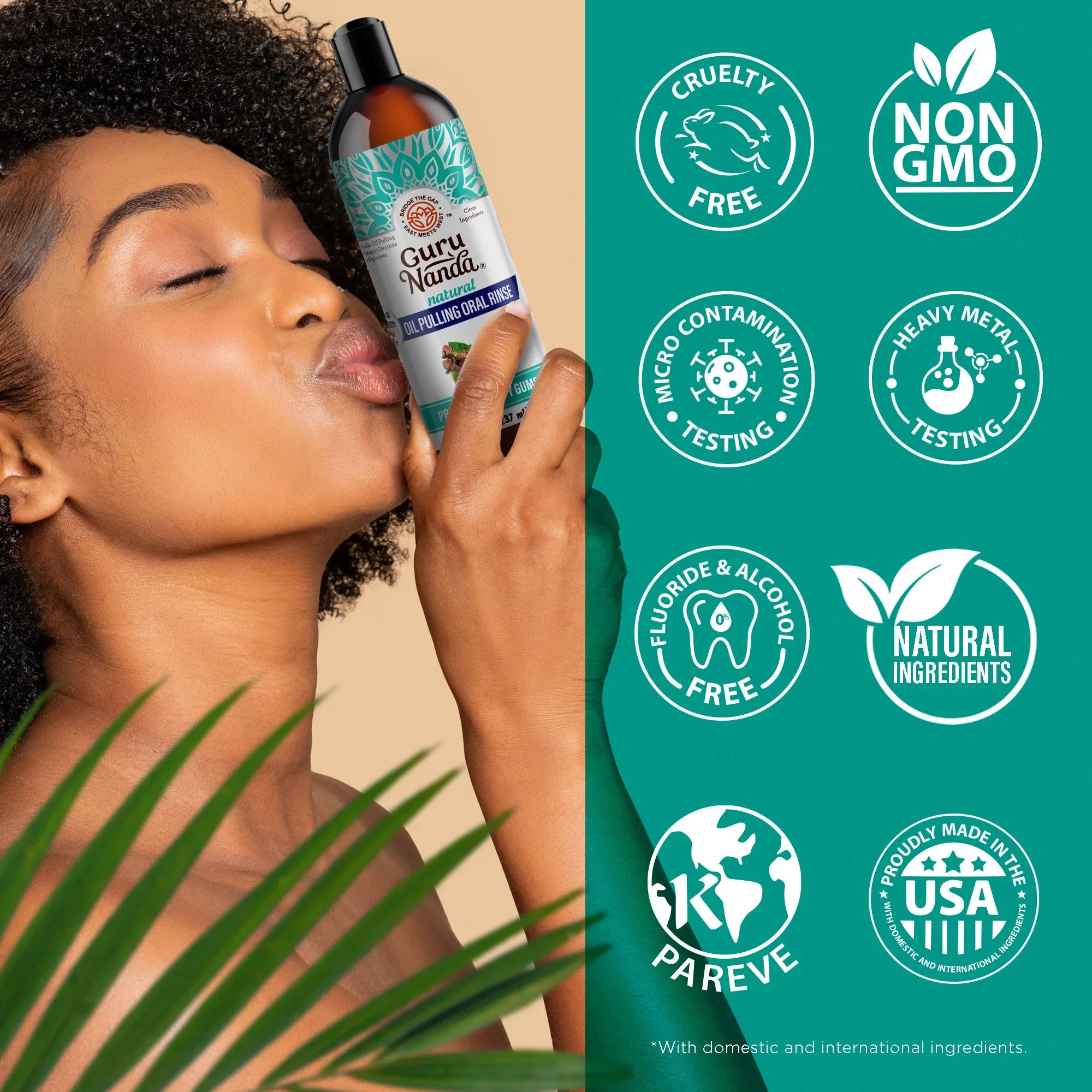 Woman holding a bottle of Guru Nanha hair oil with brand icons on a green background #size_8-fl-oz