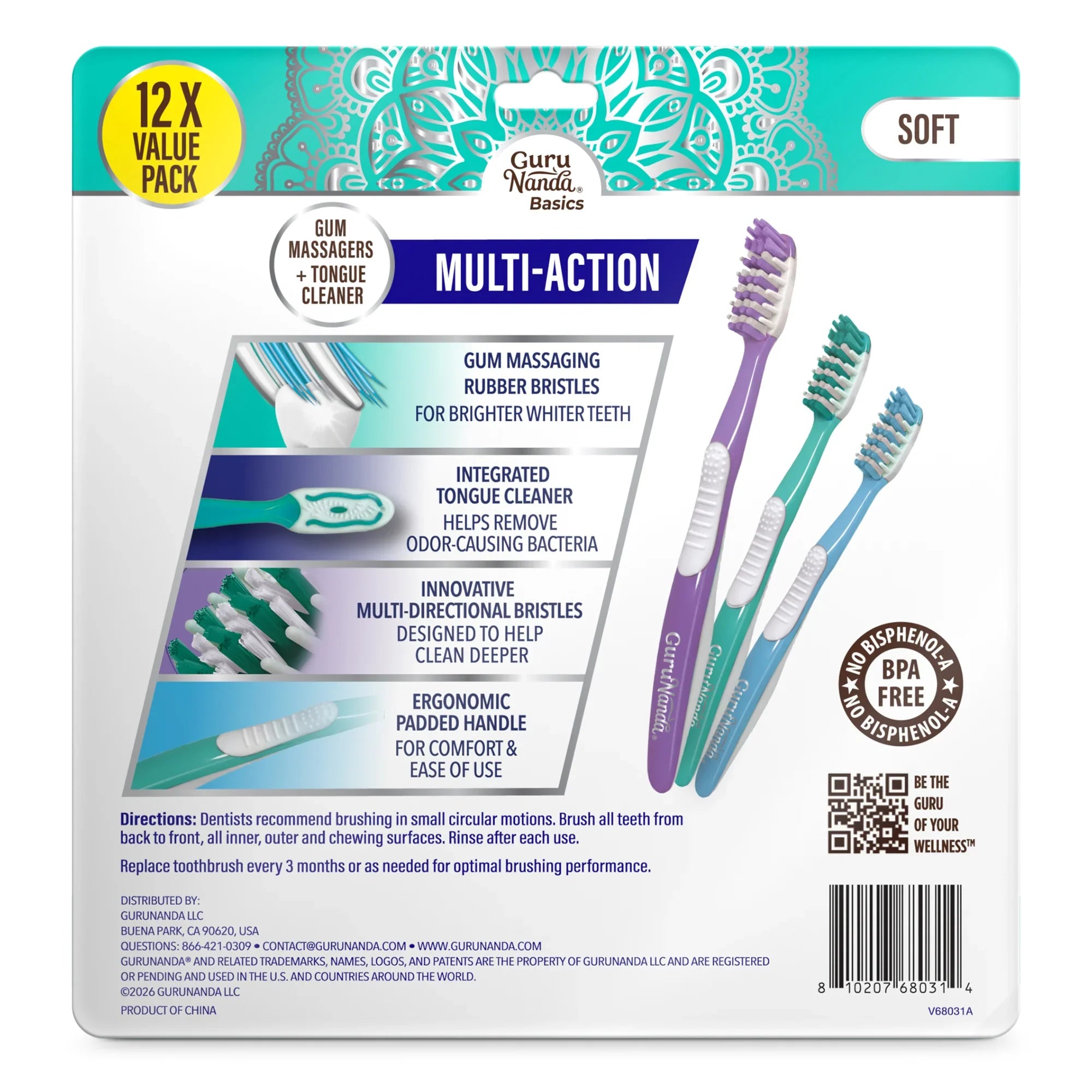 Multi-Action Toothbrush with Tongue Cleaner – 12 Pack – GuruNanda