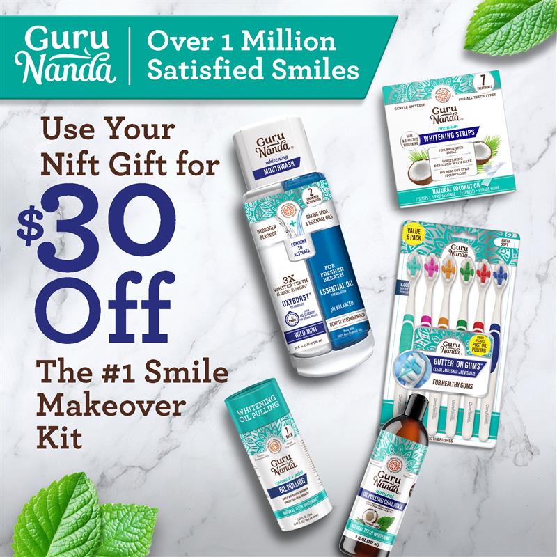 Total Smile Makeover Regular Kit - 8oz Cocomint Pulling Oil + Dual Barrel Mouthwash + Whitening Strips + 6 Pack Butter on Gums Toothbrush + 7 Oil Pulling Travel Sachets (NIFT Offer)