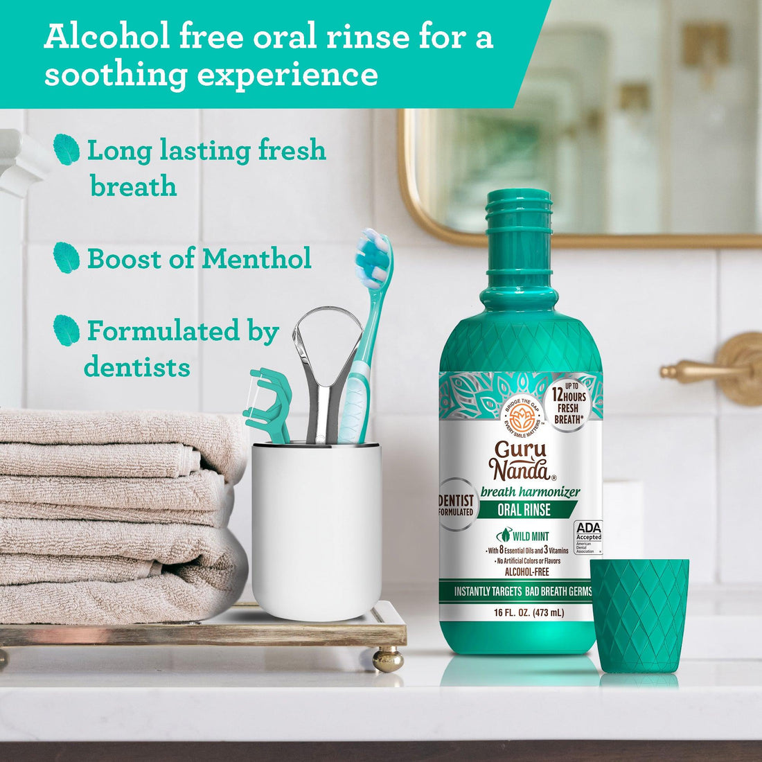 Fresh Mint Alcohol-Free Oral Rinse Mouthwash with 7 Essential Oils, Vitamins E,D &amp; K2 - 16 Fl oz