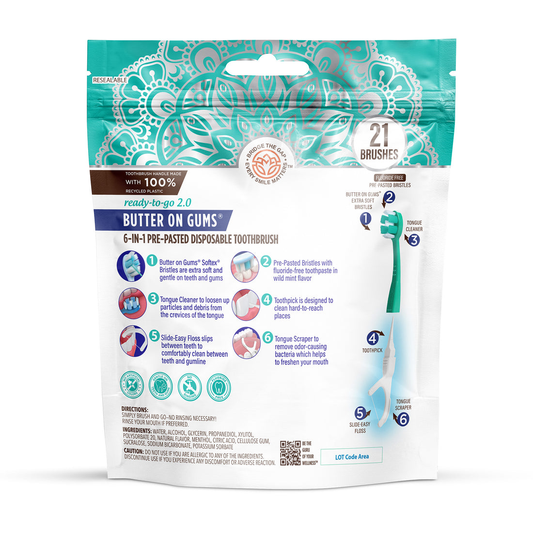 6-in-1 Ready to Go Butter on Gums Pre-Pasted Toothbrushes 2.0 - 21 Count