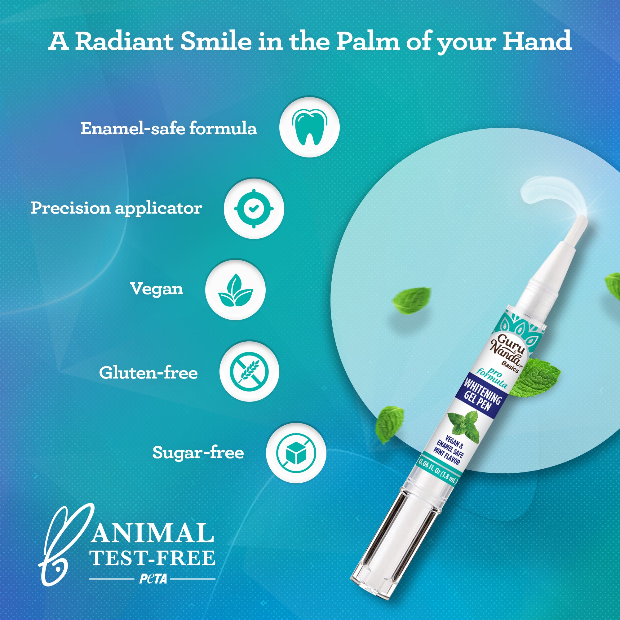 GuruNanda Whitening Gel Pen dispensing gel, enamel-safe, vegan, gluten-free, sugar-free, and PETA animal test-free certified