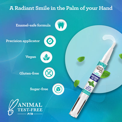 GuruNanda Whitening Gel Pen dispensing gel, enamel-safe, vegan, gluten-free, sugar-free, and PETA animal test-free certified