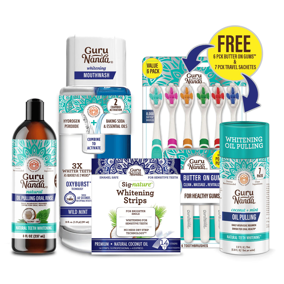 Total Smile Makeover Regular Kit - 8oz Cocomint Pulling Oil + Dual Barrel Mouthwash + Whitening Strips + 6 Pack Butter on Gums Toothbrush + 7 Oil Pulling Travel Sachets