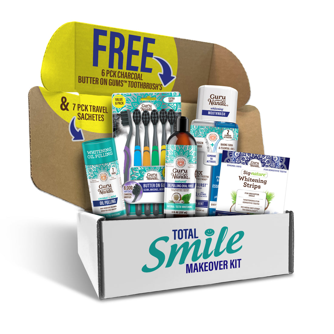 Total Smile Makeover Charcoal Kit - 8oz Cocomint Pulling Oil + Dual Barrel Mouthwash + Whitening Strips + 6 Pack Butter on Gums Toothbrush + 7 Oil Pulling Travel Sachets