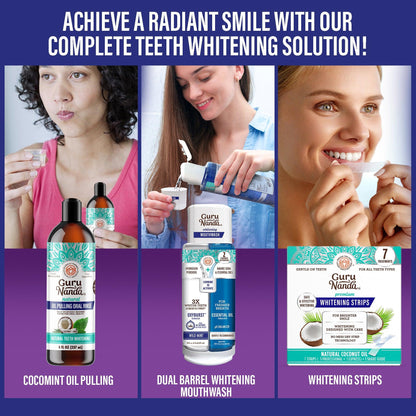 Total Smile Makeover Charcoal Kit - 8oz Cocomint Pulling Oil + Dual Barrel Mouthwash + Whitening Strips + 6 Pack Butter on Gums Toothbrush + 7 Oil Pulling Travel Sachets