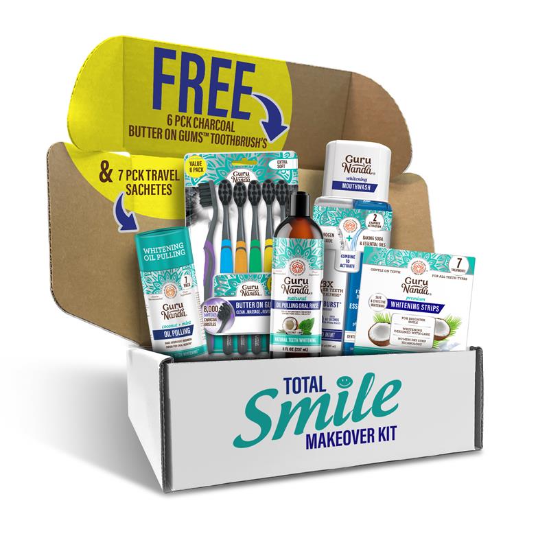 Total Smile Makeover Charcoal Kit - 8oz Cocomint Pulling Oil + Dual Barrel Mouthwash + Whitening Strips + 6 Pack Butter on Gums Toothbrush + 7 Oil Pulling Travel Sachets