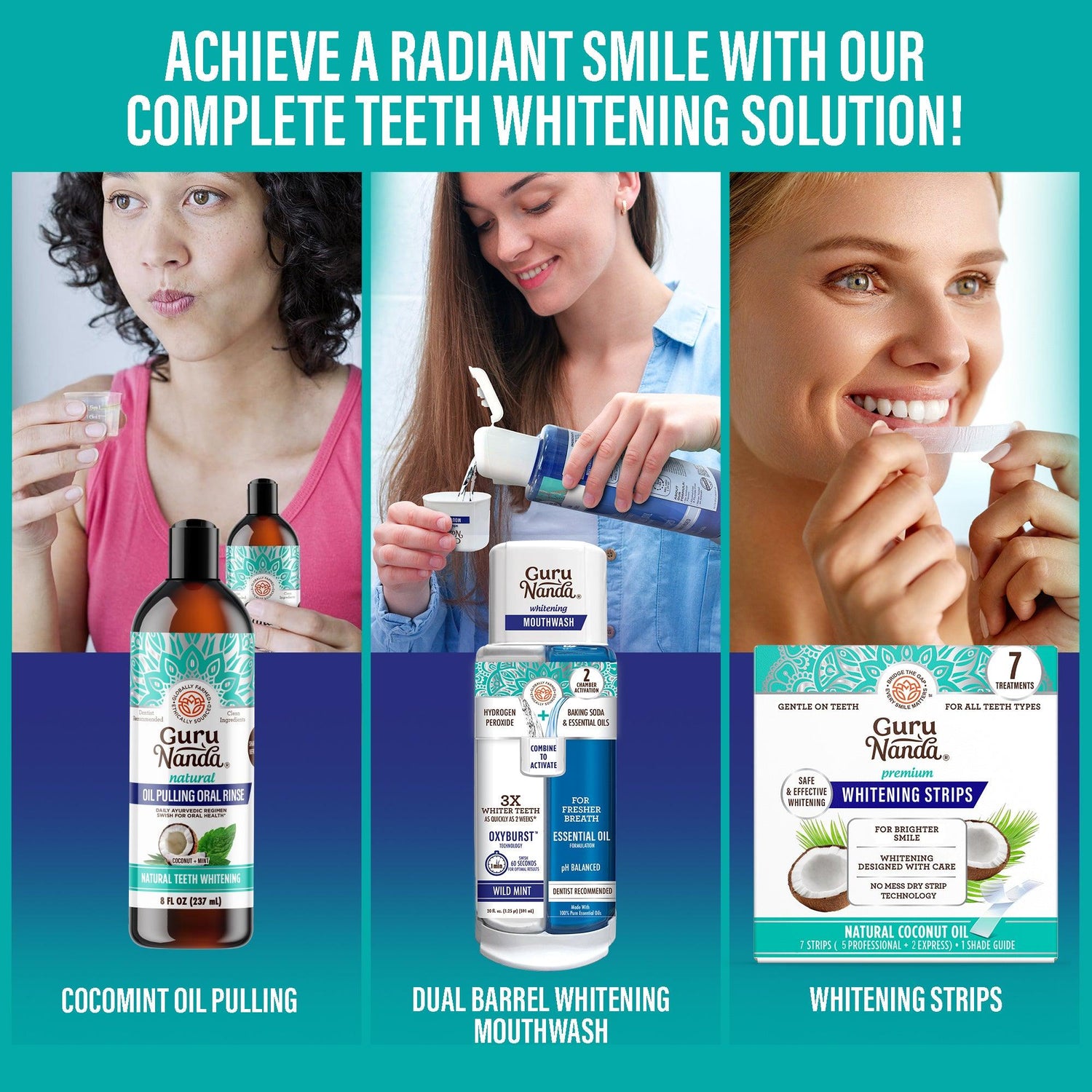 Total Smile Makeover Regular Kit - 8oz Cocomint Pulling Oil + Dual Barrel Mouthwash + Whitening Strips + 6 Pack Butter on Gums Toothbrush + 7 Oil Pulling Travel Sachets