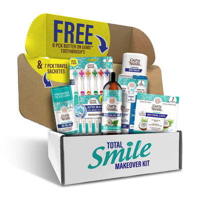 Total Smile Makeover Regular Kit - 8oz Cocomint Pulling Oil + Dual Barrel Mouthwash + Whitening Strips + 6 Pack Butter on Gums Toothbrush + 7 Oil Pulling Travel Sachets (NIFT Offer)