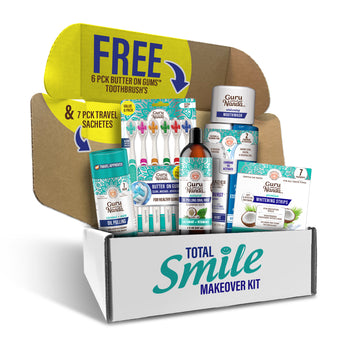 Total Smile Makeover Regular Kit - 8oz Cocomint Pulling Oil + Dual Barrel Mouthwash + Whitening Strips + 6Pack Butter on Gums Toothbrush + 7 Oil Pulling Travel Sachets