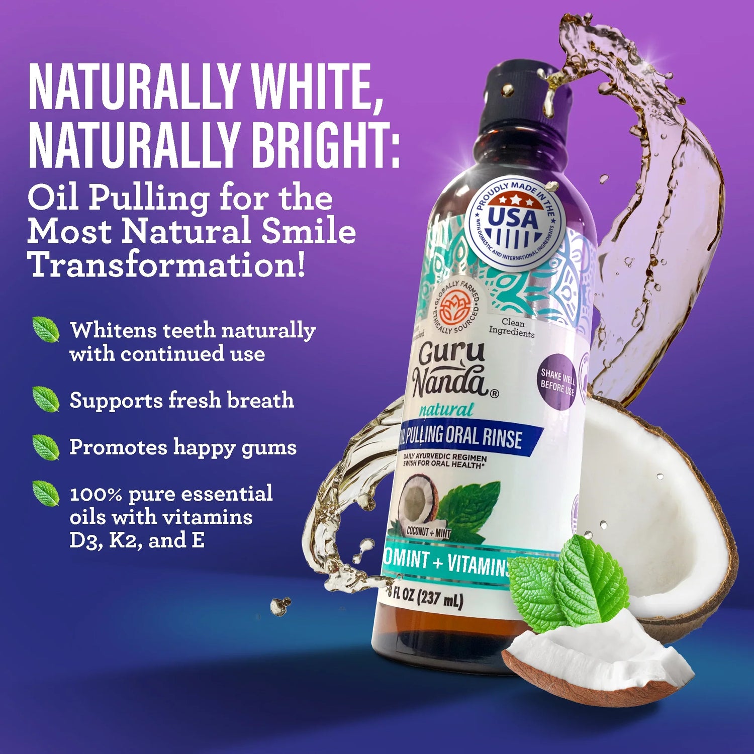 Total Smile Makeover Charcoal Kit - 8oz Cocomint Pulling Oil + Dual Barrel Mouthwash + Whitening Strips + 6 Pack Butter on Gums Toothbrush + 7 Oil Pulling Travel Sachets