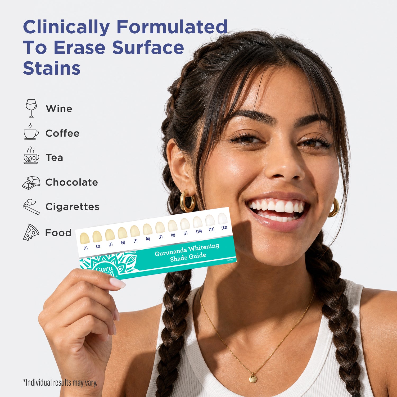 GuruNanda Whitening Strips clinically formulated shade guide held by a smiling model, showing stain removal from wine, coffee, tea, chocolate, and more