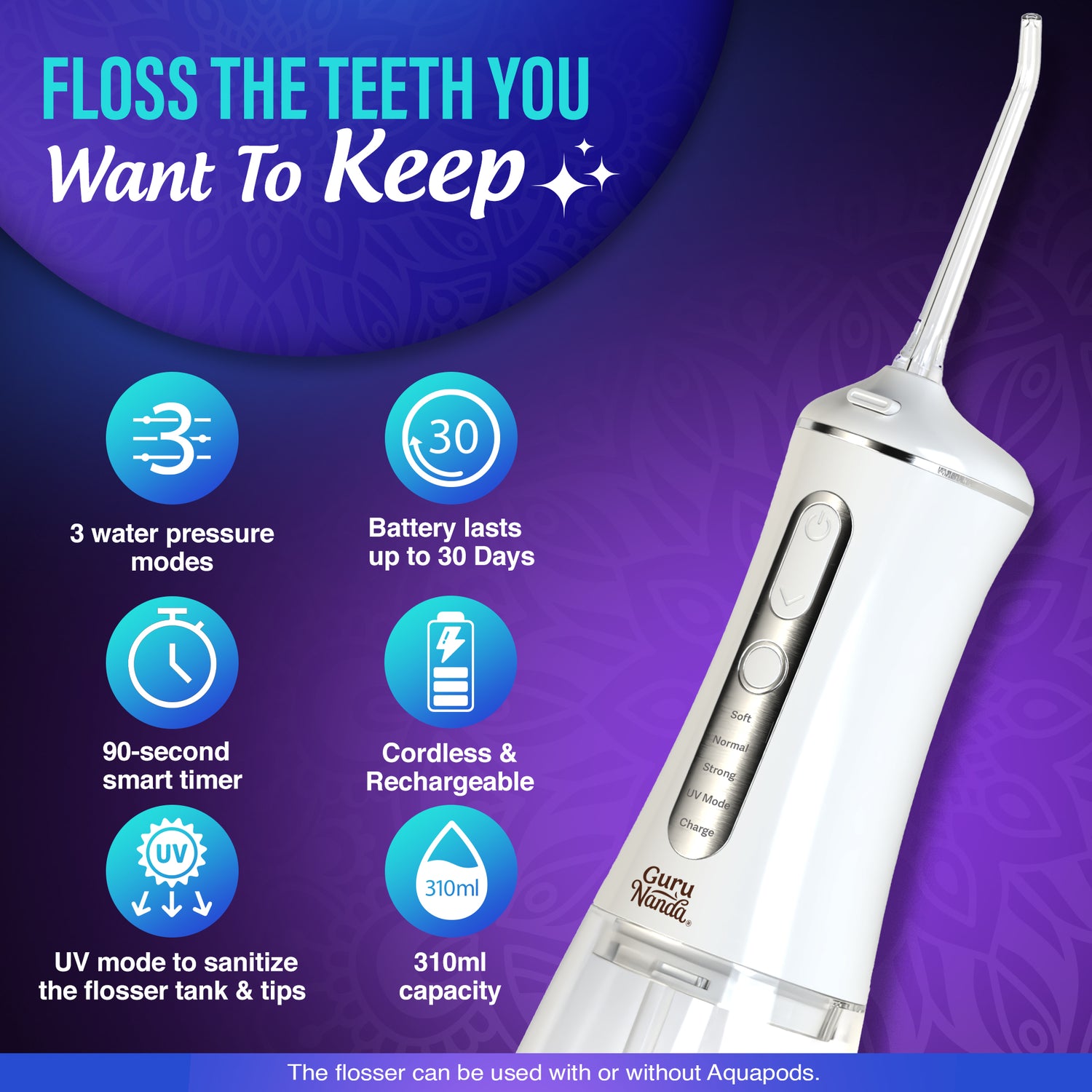 Advanced Water Flosser 3.0 with UV + 24 Aquapods
