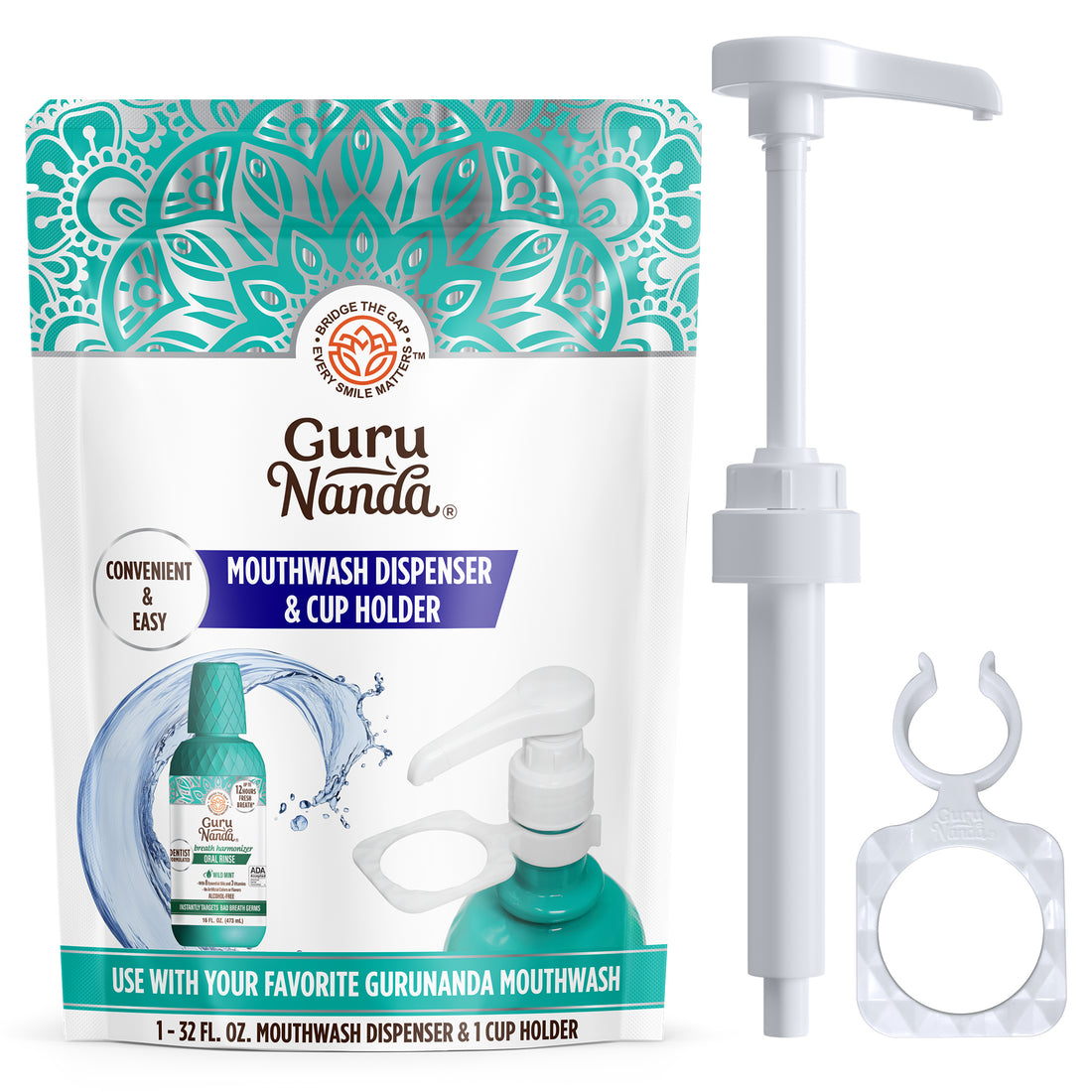 Mouthwash Dispenser Pump and Cup Holder for 16oz &amp; 1L