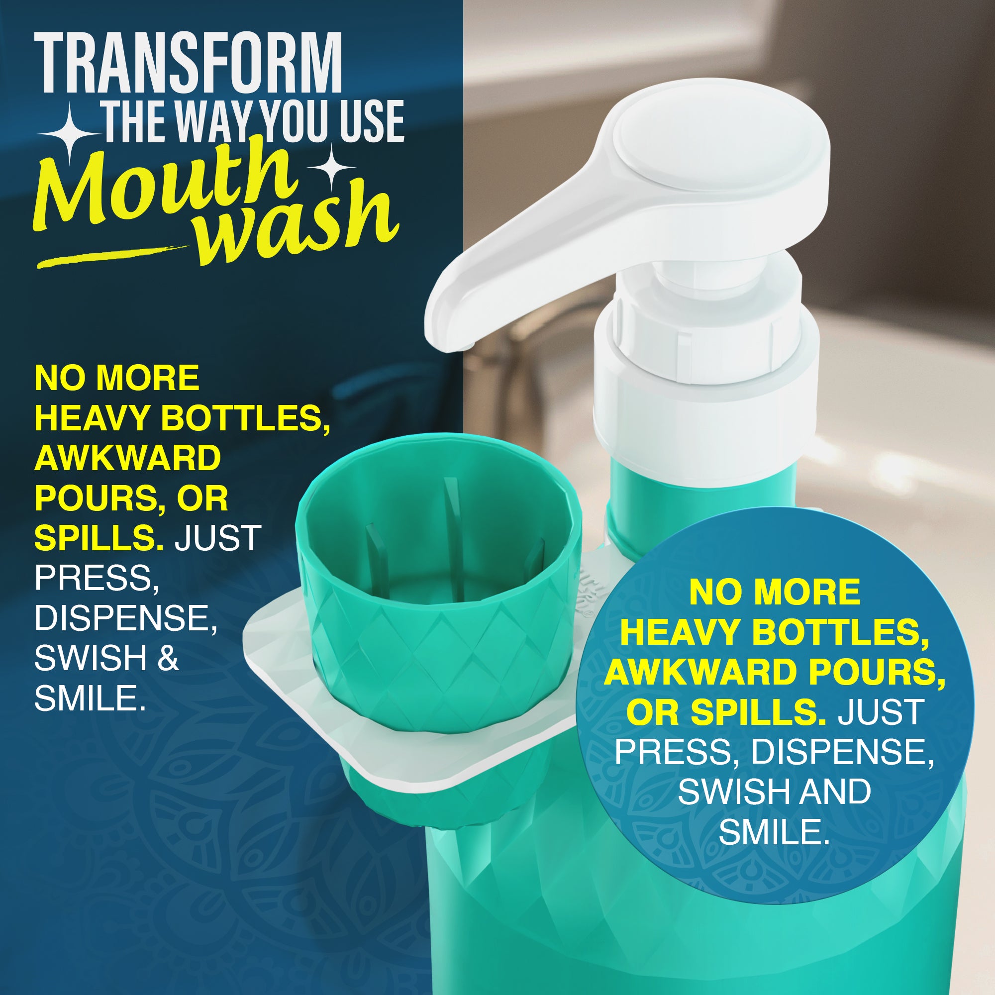 Mouthwash Dispenser Pump and Cup Holder for 16oz &amp; 1L