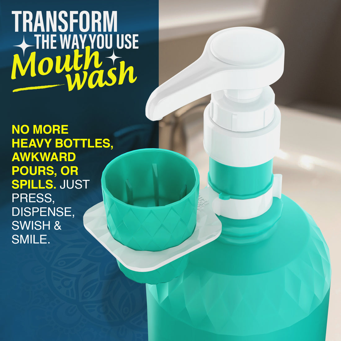 Mouthwash Dispenser Pump and Cup Holder for 16oz &amp; 1L