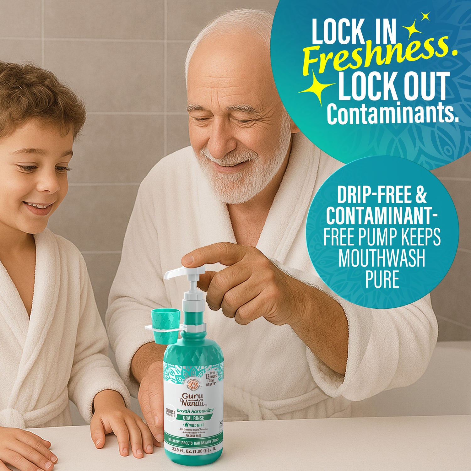 Mouthwash Dispenser Pump and Cup Holder for 16oz &amp; 1L