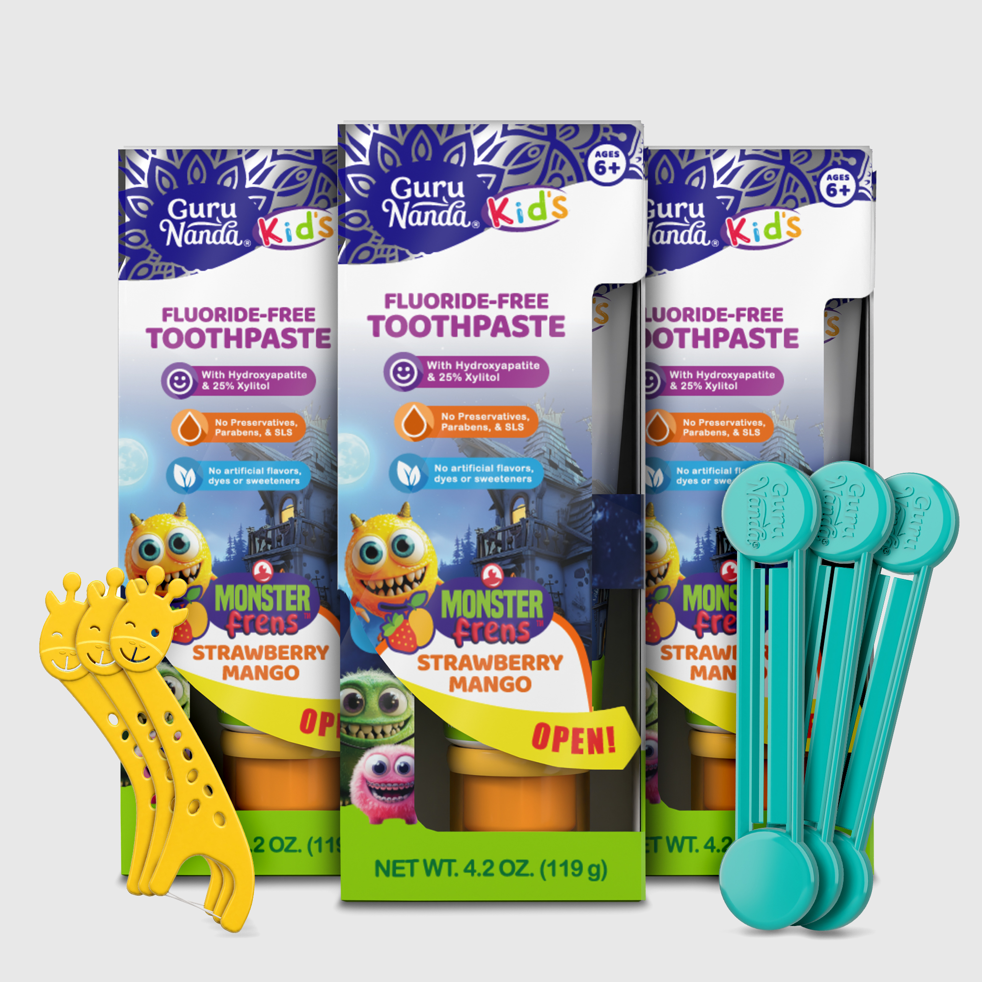 Pasta dental para niños con xilitol e hidroxiapatita, fresa mango – 4.2 oz – Paquete de 3