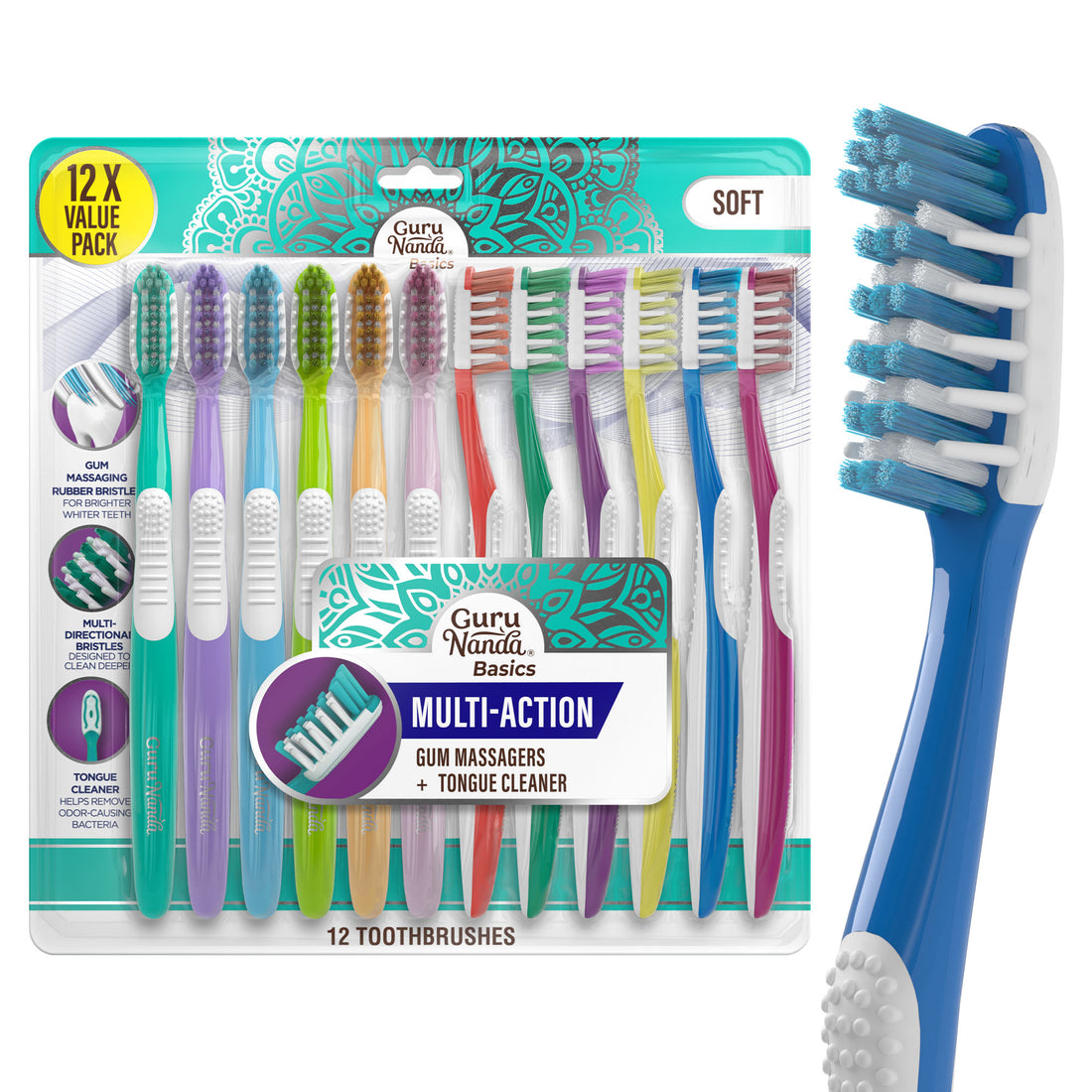 Multi-Action Toothbrush with Tongue Cleaner – 12 Pack