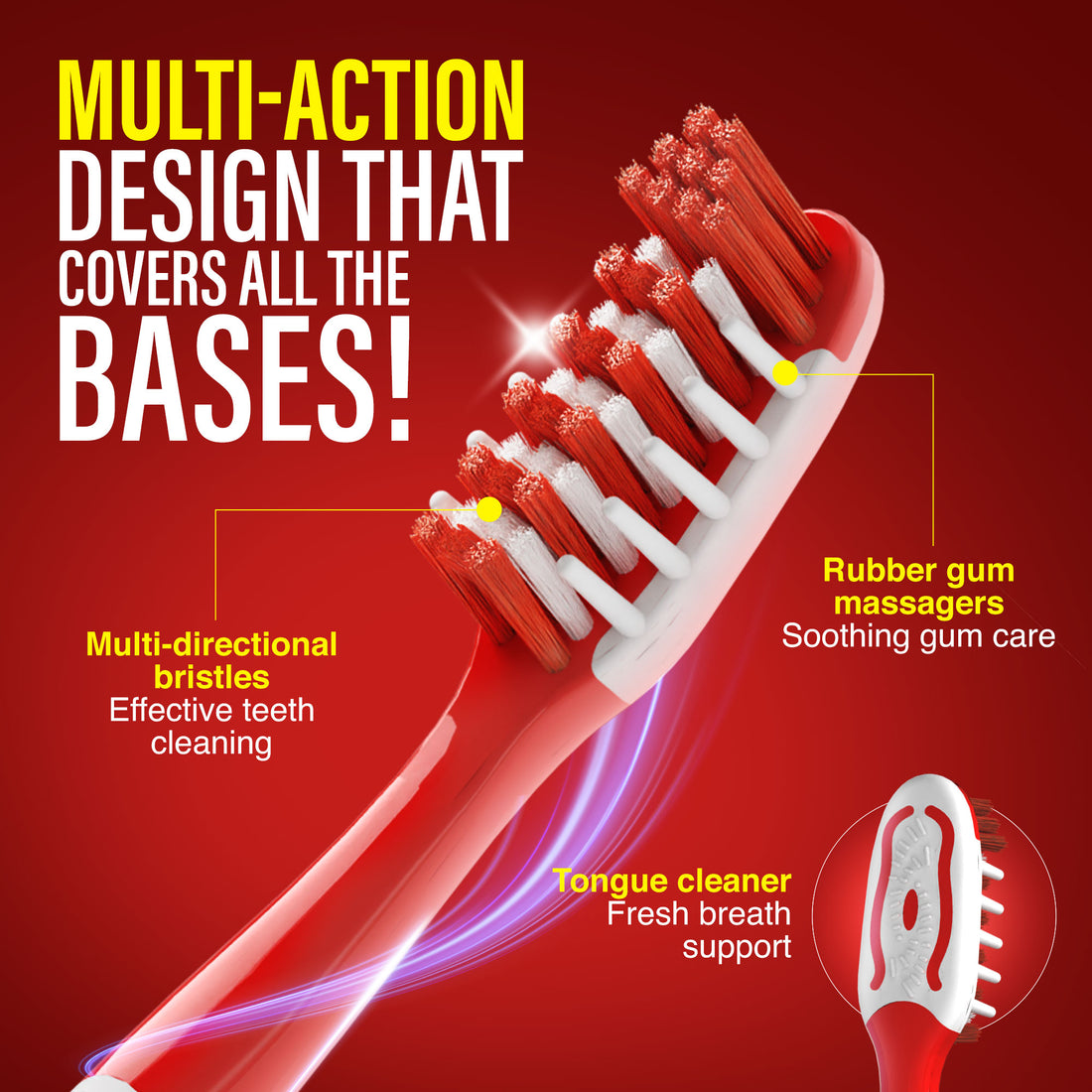 Multi-Action Toothbrush with Tongue Cleaner – 12 Pack