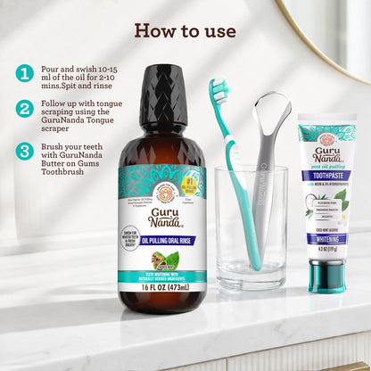 Instructions for using GuruNanda Oil Pulling with images and text. 