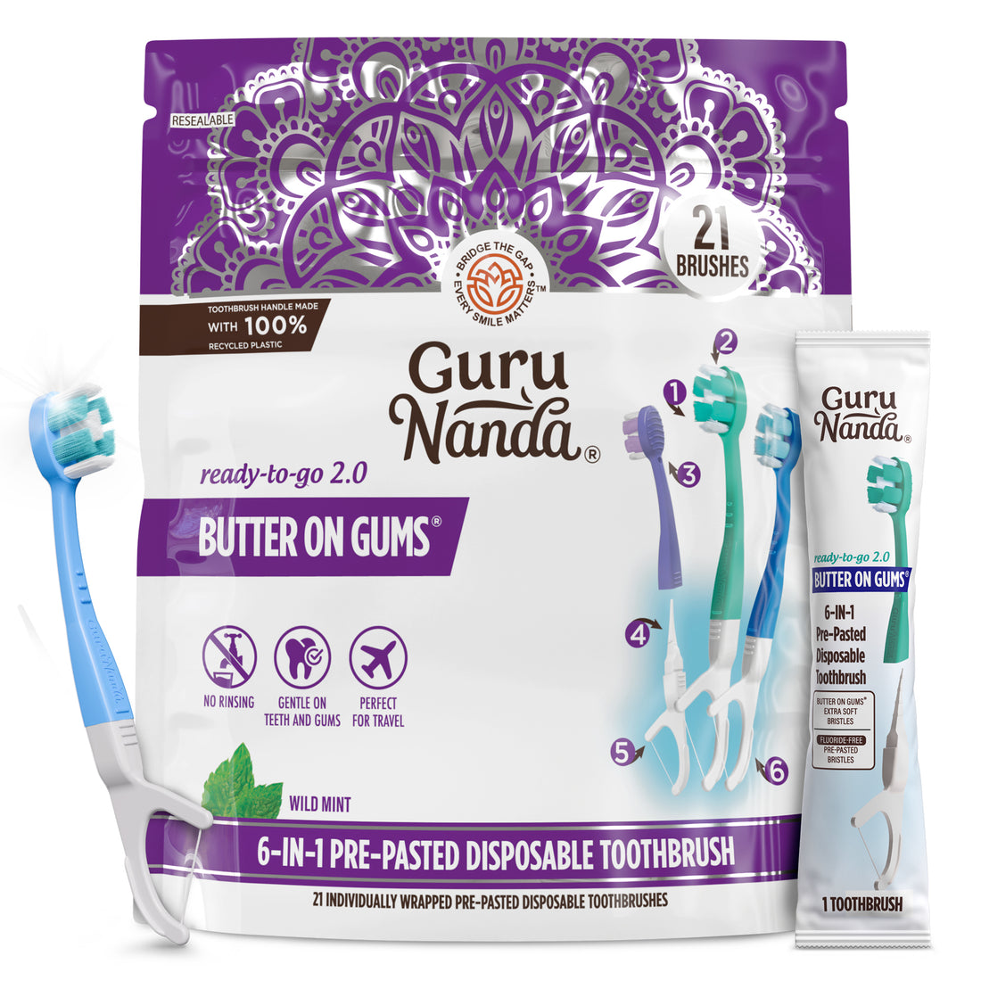 6-in-1 Ready to Go Butter on Gums Pre-Pasted Toothbrushes 2.0 – 21 Count