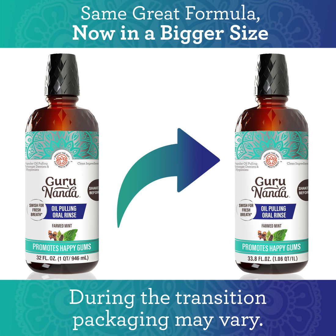 Two bottles of Guru Nanda oil pulling product with a blue arrow and text indicating a bigger size. 