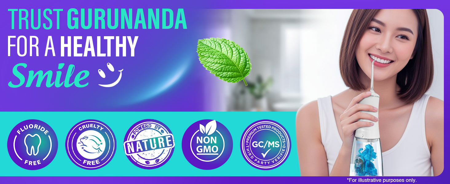 Trust GuruNanda for a healthy smile — fluoride-free, cruelty-free, powered by nature, non-GMO, and GC/MS third-party verified