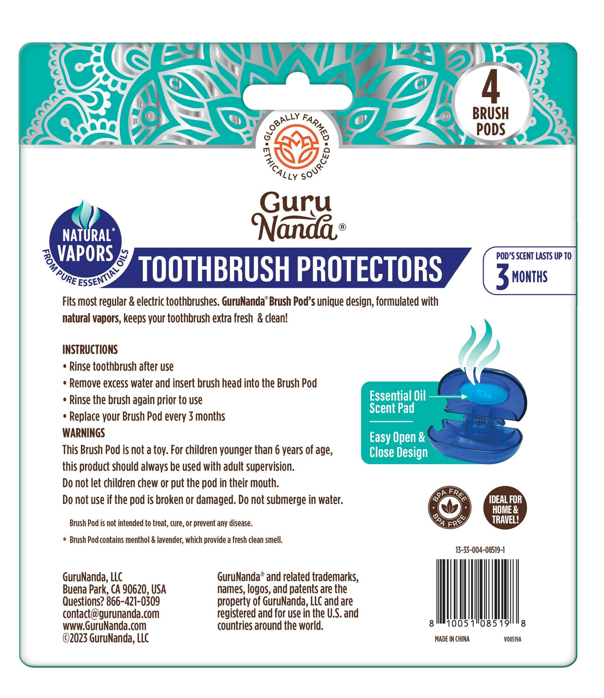 GuruNanda Brush Pod, Clip-On Toothbrush Protector With Scent Pad, 4 Ct