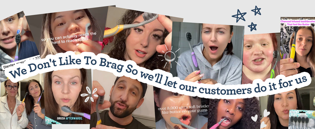 We don’t like to brag, so we’ll let our customers do it for us — a collage of customers sharing their GuruNanda charcoal toothbrush experience