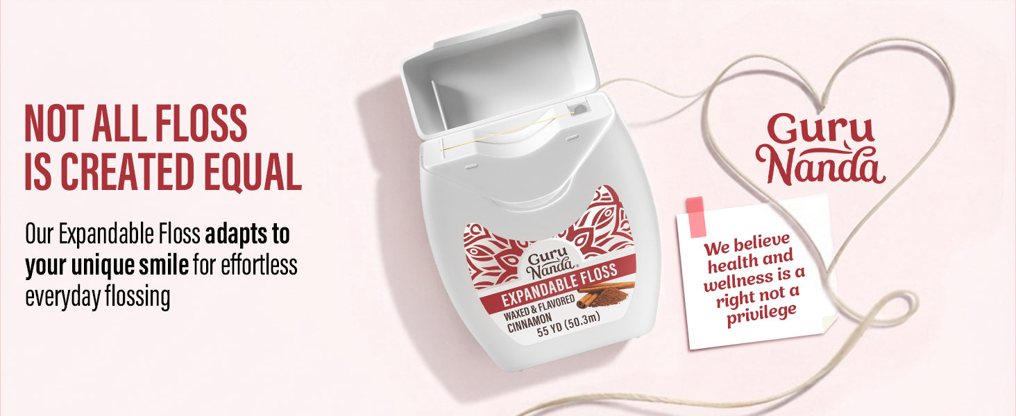 GuruNanda Cinnamon Expandable Floss, 55 yards — our expandable floss adapts to your unique smile for effortless everyday flossing.