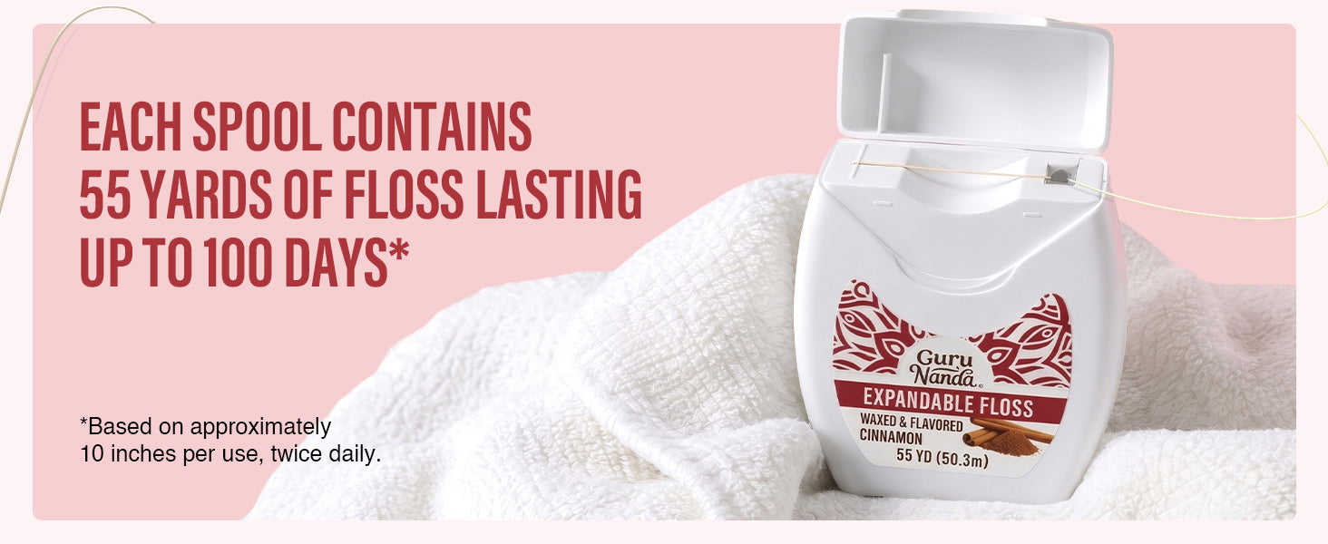 Each spool contains 55 yards of floss, lasting up to 100 days based on approximately 10 inches per use, twice daily.