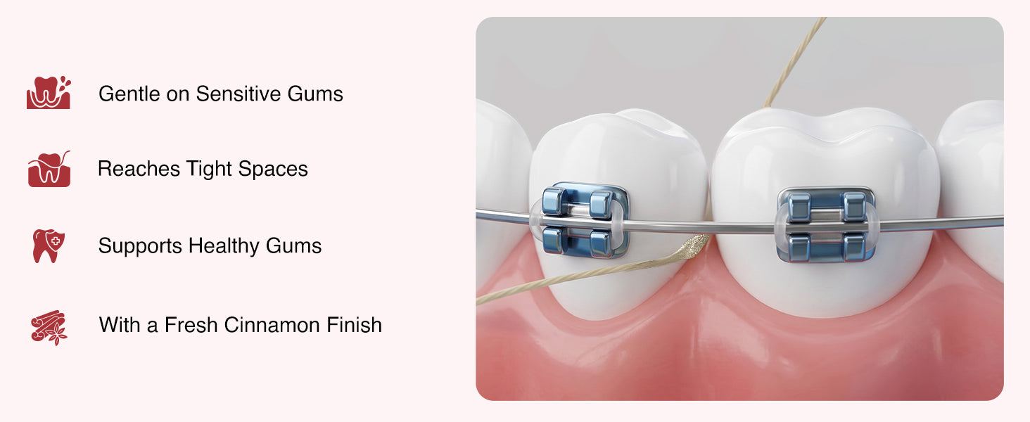 Gentle on sensitive gums, reaches tight spaces, supports healthy gums, with a fresh cinnamon finish — shown flossing around braces.