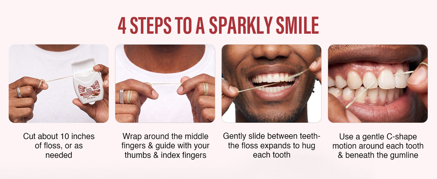 Four steps to a sparkly smile: cut about 10 inches of floss, wrap around your fingers, slide between teeth so it expands to hug each tooth, then use a gentle C-shape motion at the gumline.